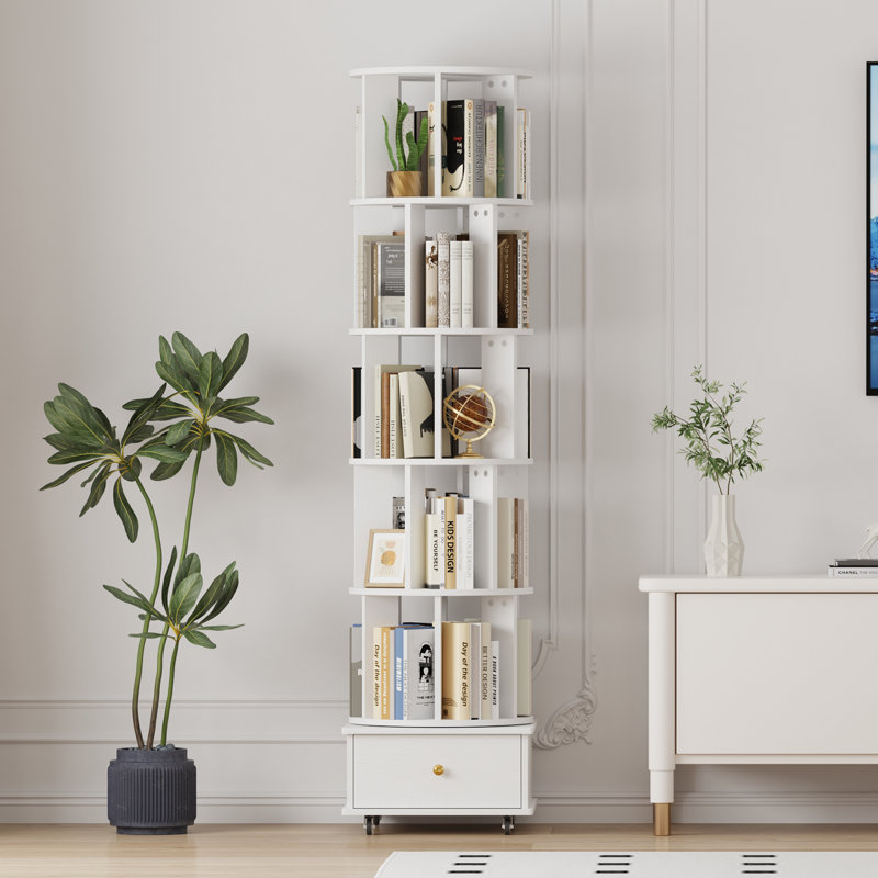 5-Tier Rotating Bookcase with Wheels and Drawers, 360° Swivel Corner Bookshelf, Solid Wood Storage Tower with Lockable Casters, Narrow Spinning Organizer for Living Room, Bedroom(White)