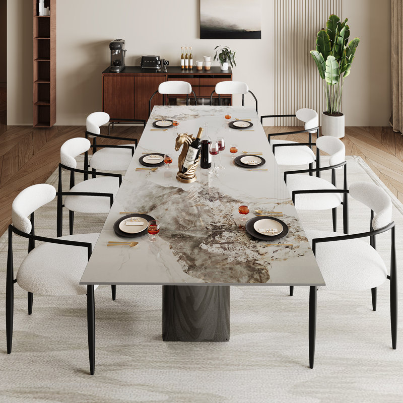 9 - Piece Dining Table Set With 94.5'' Extendable Sintered Stone Dining Table With 8 Fabric Chairs Dining, Black/White, Black