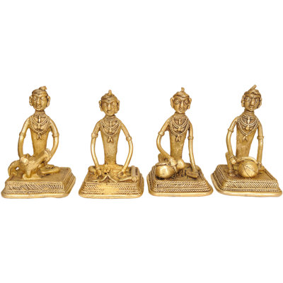 Ensemble de statues tribales en laiton 4 po faites à la main de style bastar de 4 hommes - Folk Art Home Heritage, fabriqué en Inde