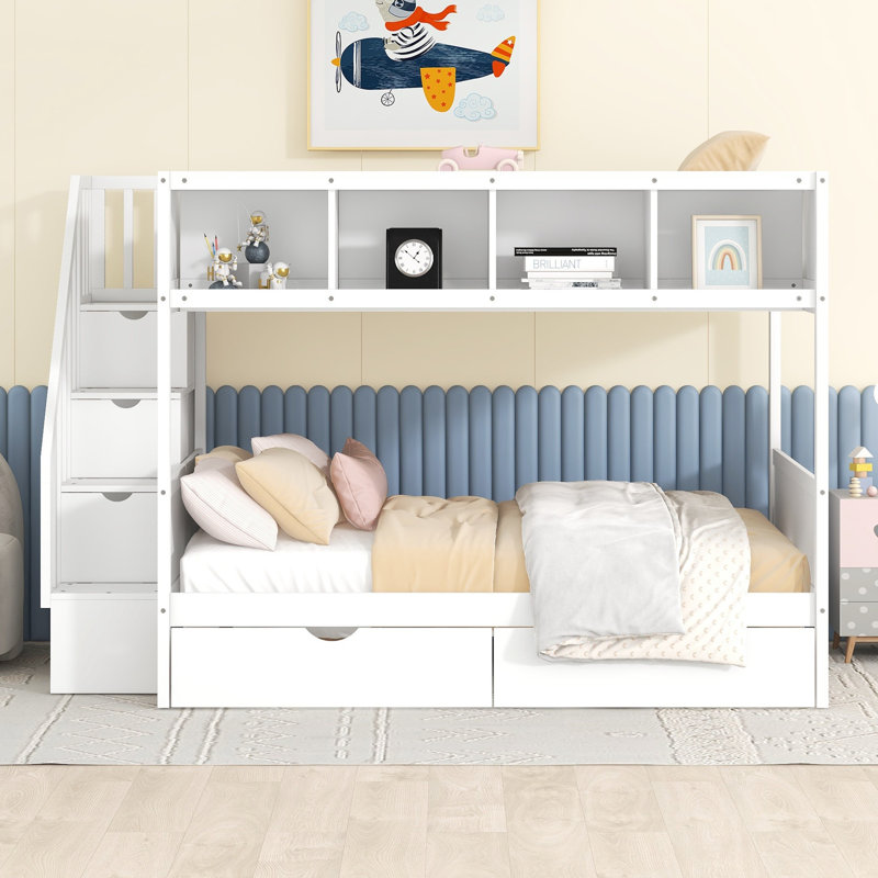 Twin over Full Bunk Bed with Storage Staircase, Shelves & 2 Drawers – Space-Saving Bunk Bed for Kids & Teens, White