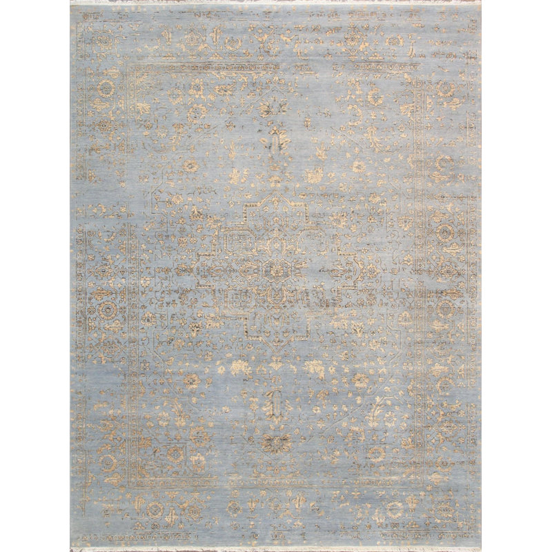 Tapis gris en coton, en soie et en laine noué à la main à motif rectangulaire sans motif à la main 8 pi 11 po x 11 pi 9 po Waelder