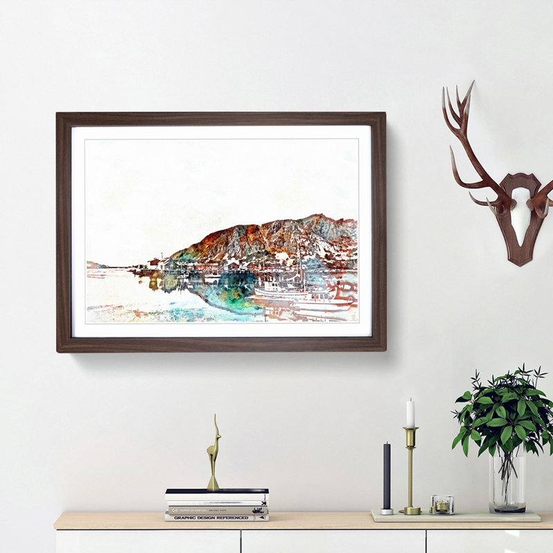 Docked Boats in Ballstad Norway in Abstract - Picture Frame Painting Print, 36cm H x 48cm W x 2cm D, Walnut Framed