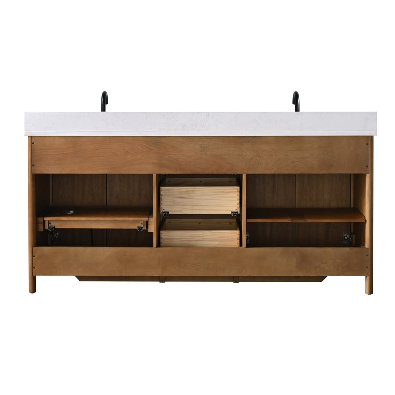 Meuble-lavabo autoportant à double cuve 72 po avec plateau en pierre reconstituée, centrale électrique cachée, support de chargement USB et support pour sèche-cheveux Lucerne 