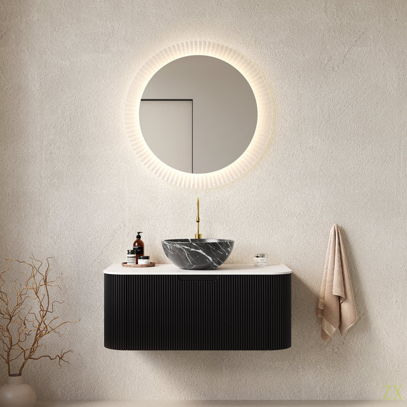 Meuble-lavabo de salle de bain 36 po, lavabo à rayures et bords arrondis avec cuve en céramique avec motif en pierre et plateau en pierre frittée Carrara, pré-assemblé