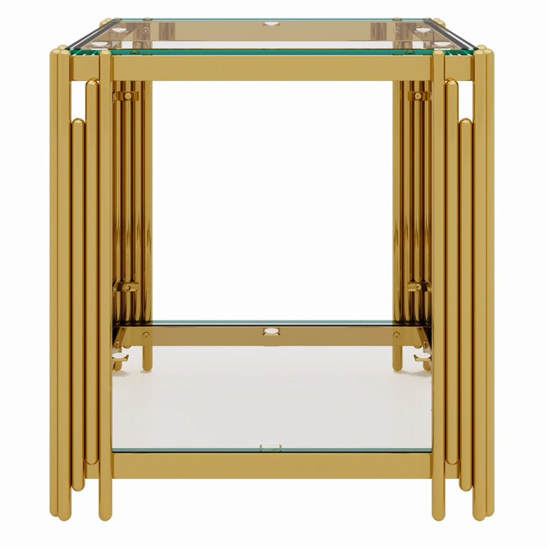 End Table With Square Top And Shelf For Living Room, Transparent
