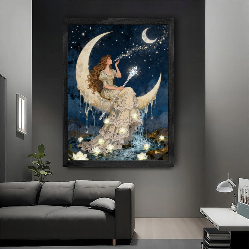 Black Framed Anime-Inspired Moon Woman Wall Art - Mystical Bohemian Celestial Decor Framed Prints, 11" H x 9" W
