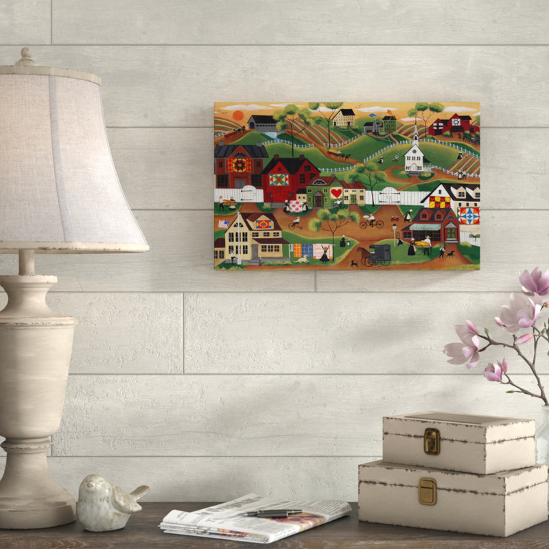 « amish quilt village », reproduction de peinture à l’acrylique sur toile tendue, H 12 po x l 19 po x P 2 po