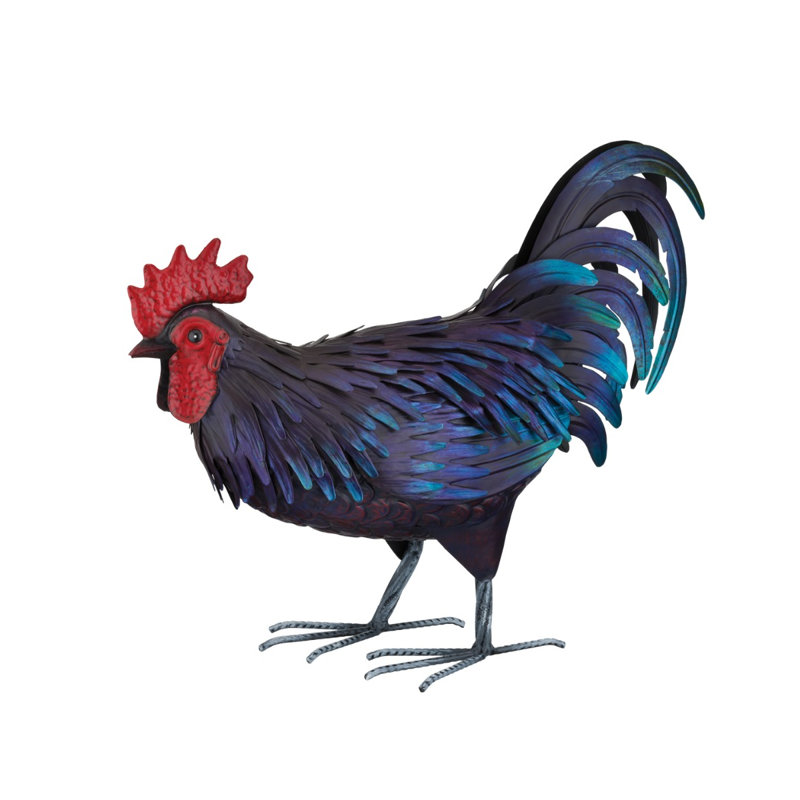 Statue de jardin en métal Shetland Rooster avec textures de plumes détaillées et finition peinte à la main résistante aux intempéries