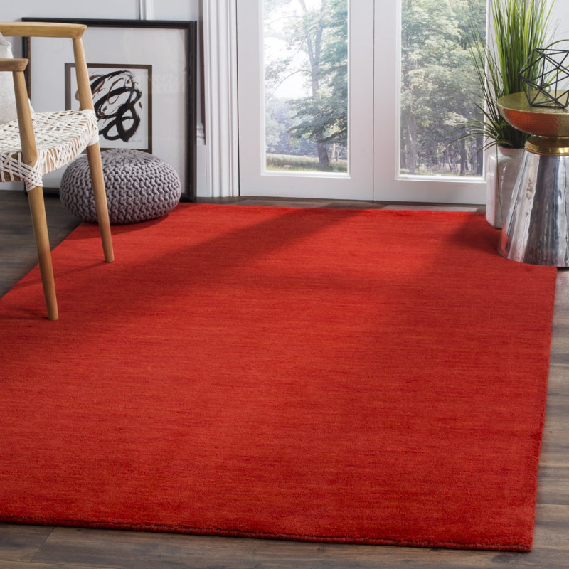 Ewen Hand Loomed Wool/Cotton Solid Color Rug in Red, Rectangle 5' x 8'