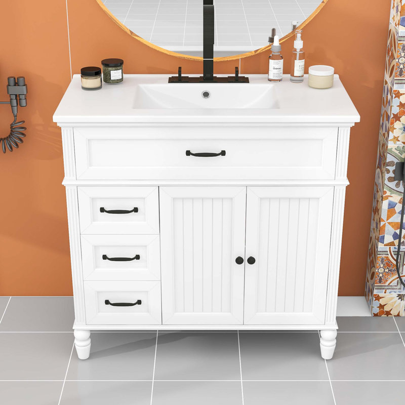 Meuble-lavabo 2 tiroirs avec lavabo en céramique et armoire de rangement 2 tiroirs, Blanc