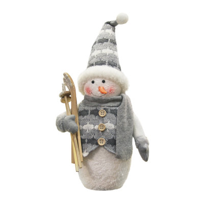 Décoration de Noël 10 po bonhomme de neige alpin gris et blanc avec ski