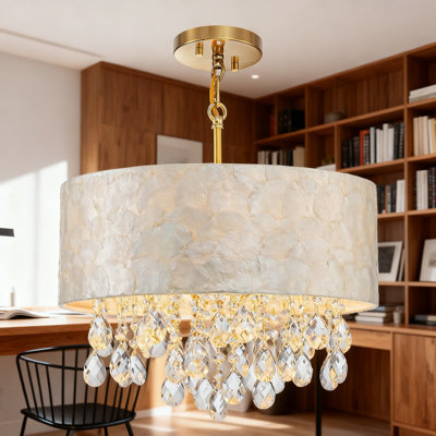 Lustre en coquillage de style côtier avec accents de cristal, luminaire suspendu à hauteur réglable pour salle à manger et salon, finition dorée
