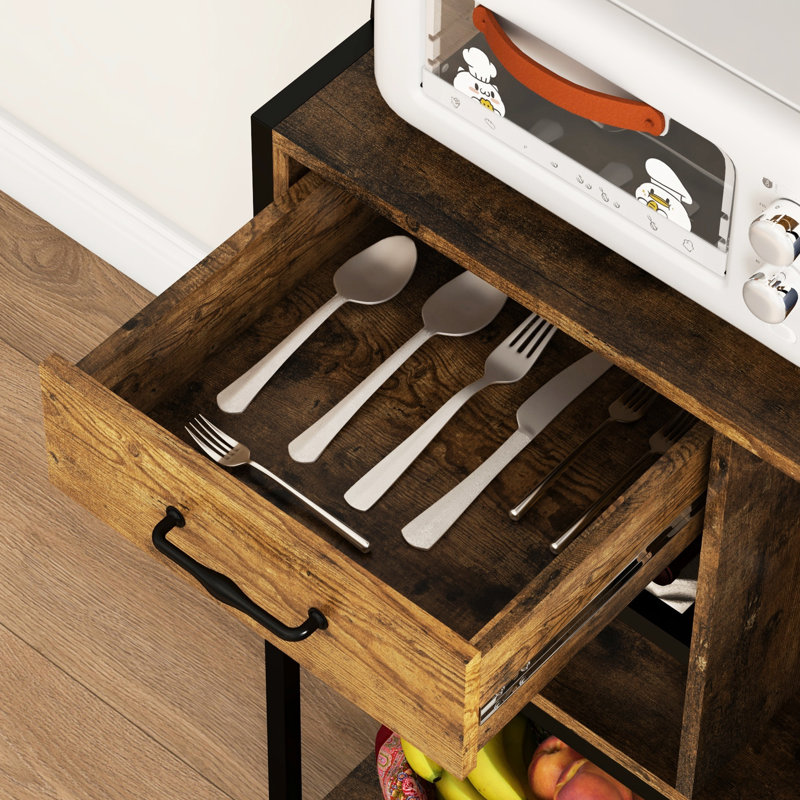 Support de cuisine rustique brun avec lumières DEL et rangement, café, prise de courant pour tablette à micro-ondes, support à vin, prise de boulanger, table de bar, support, rangement