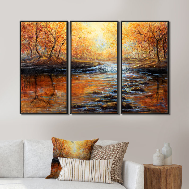 «Morning Light In The Autumn Forest», peinture sur toile 3 pièces, H 28 po x l 36 po, Noir, noir, noir, noir