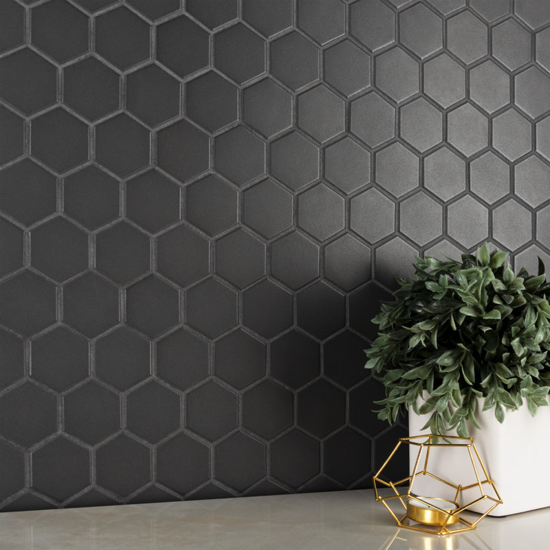 Gotham Hex 2" X 2" Porcelain Honeycomb Mosaic Wall & Floor Tile, Black