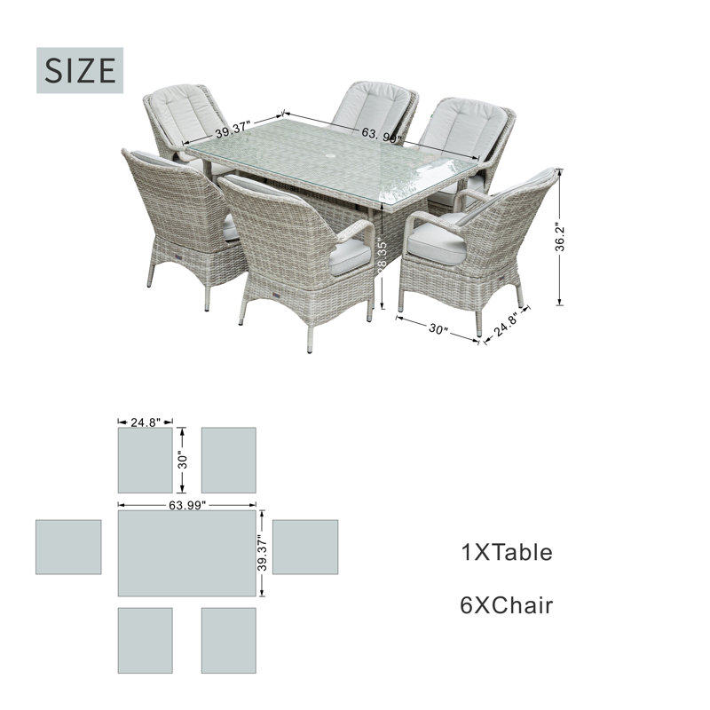 Ensemble repas pour 6 personnes en osier avec table rectangulaire, coussins inclus