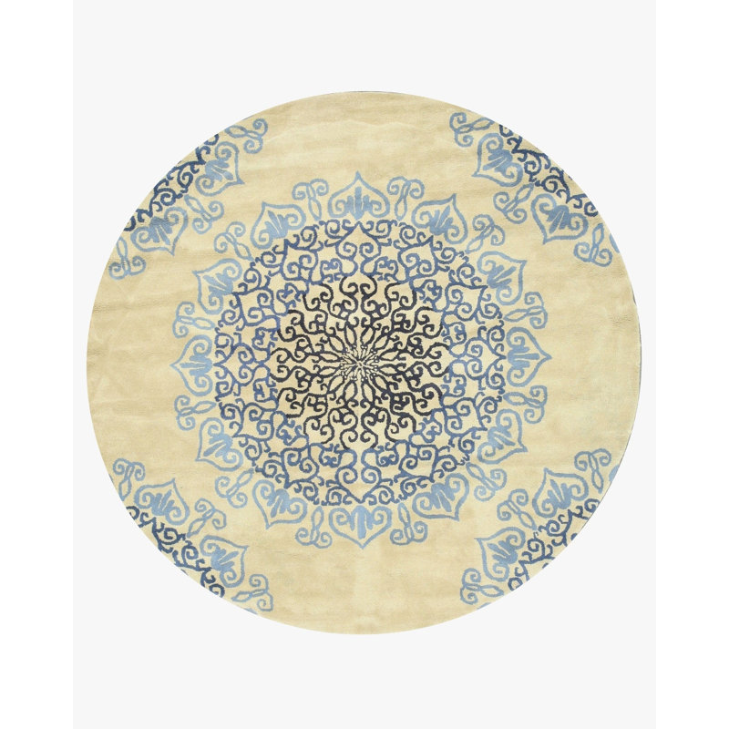 Tapis oriental transitionnel en laine bleu touffeté à la main Pledger, Rond 7 pi 9 po