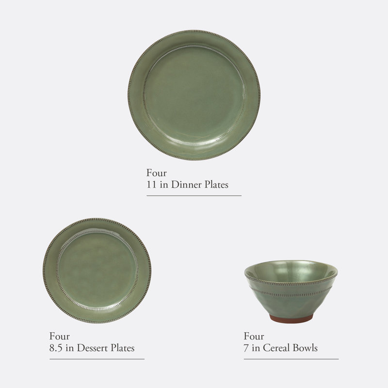 Terranea Green Ceramic Round Dinnerware Set with Reactive Glaze - Service for 4