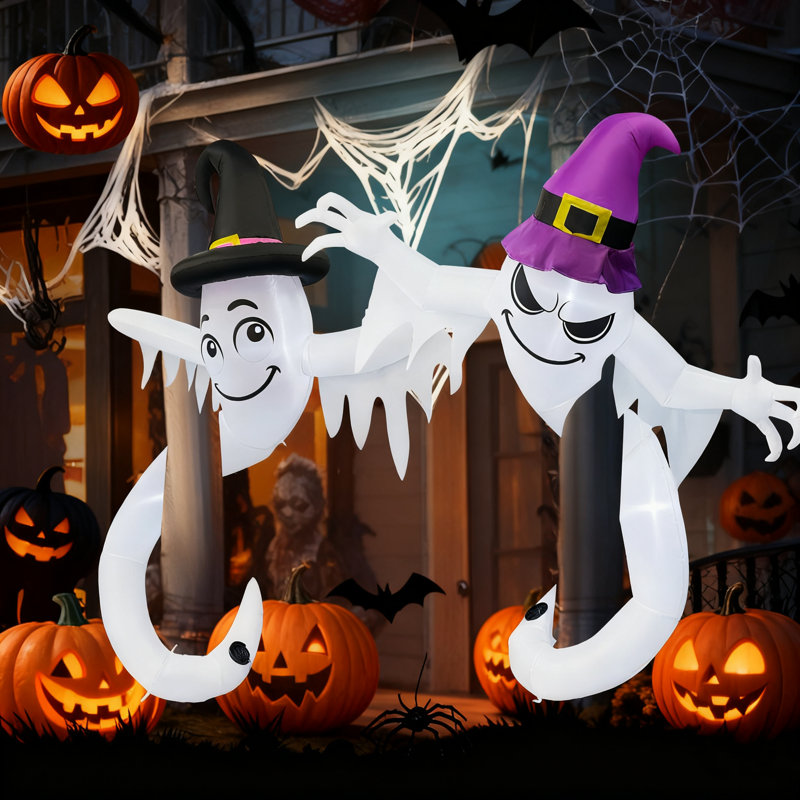 Décorations de fantômes gonflables d'Halloween 6 pi - fantômes avec chapeaux de sorcière et lumières DEL intégrées pour la porte d'entrée, le jardin, le décor de fête de cour Spooky