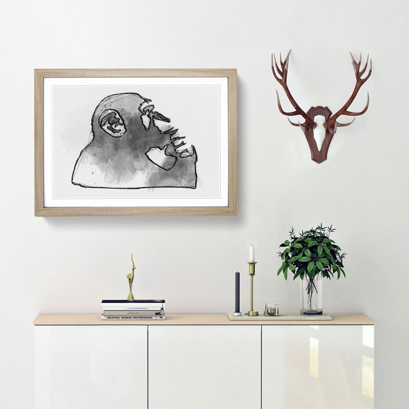 Thinker Monkey by Banksy - Framed Print, 60cm H x 91cm W x 2cm D, Oak