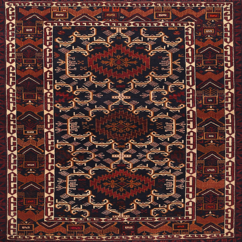 Tapis brun/noir/beige traditionnel Bohy, Carré 3 pi