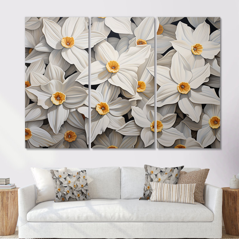 Minimalisme, jonquilles blanches III - ensemble de jonquilles sur toile, H 28 po x l 36 po x P 1 po, Toile tendue