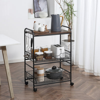 Chariot de cuisine en noyer à 3 niveaux avec 2 crochets coulissants et latéraux, compact pour un rangement efficace