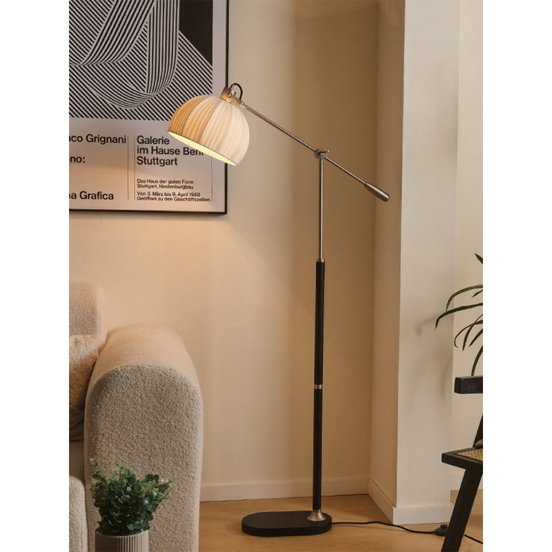 Lampe sur pied vintage en bois massif, tissu et fer forgé French Mid-Century, Noir