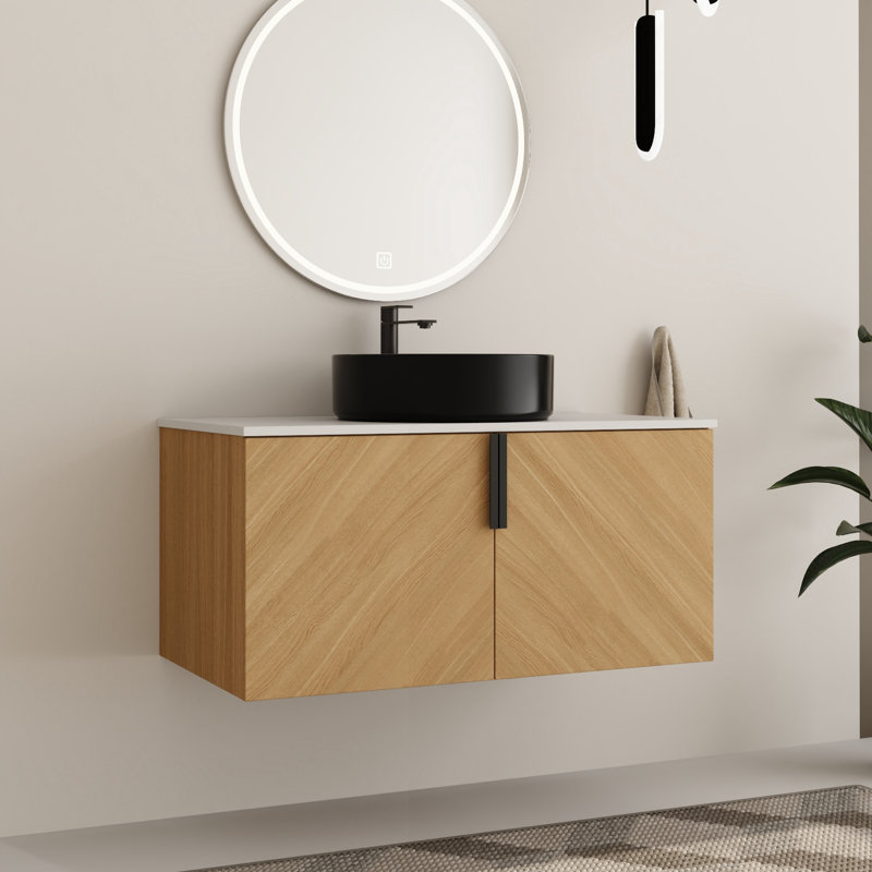 Ensemble de meuble-lavabo simple 36 po avec plateau en pierre et lavabo vasque en céramique Caldicot, Noir, 36"