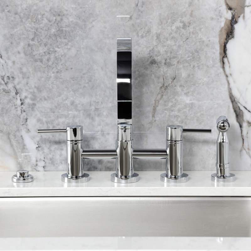 Kingston Brass Concord Two-Handle 4-Hole Deck Mount Bridge Kitchen Faucet with Brass Side Sprayer, Polished Chrome