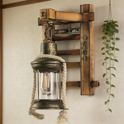 Applique murale rustique de style campagnard avec support en bois et corde