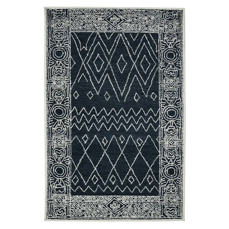 Tapis crocheté à la main 2 pi x 3 pi en laine gris anthracite et ivoire Southwestern
