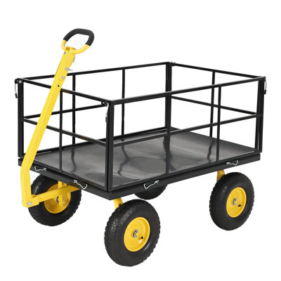 Heavy Duty 1500 lbs Steel Garden Cart – 3-in-1 Outdoor Utility Wagon with Removable Mesh Sides, 13" All-Terrain Wheels, 180° Rotating Handle – Lawn, Garden, Plant & Tool Transport – 13-inch wheels, yellow rims + black frame + yellow handlebars
