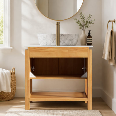 Meuble-lavabo de salle de bain 30 po, armoire de rangement autoportante en contreplaqué avec 2 portes en bambou texturé et tablette ouverte