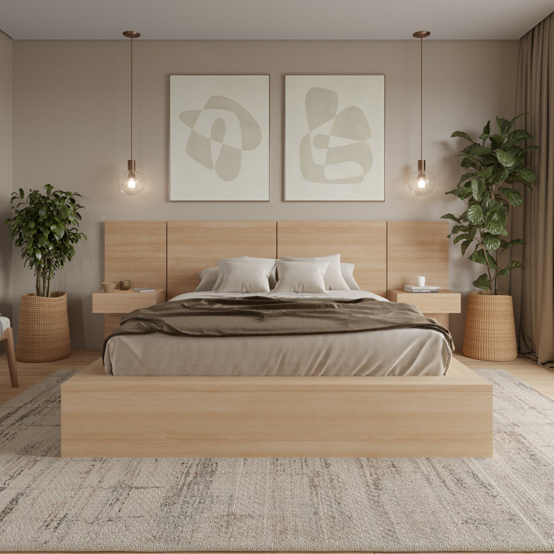 James 3 Piece Bedroom Set with Bed and 2 Floating Nightstands, Beige, King