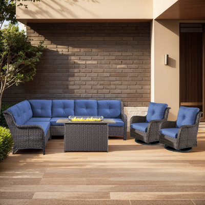 Ensemble de conversation pour patio 7 personnes avec foyer avec coussins Carolina Wicker