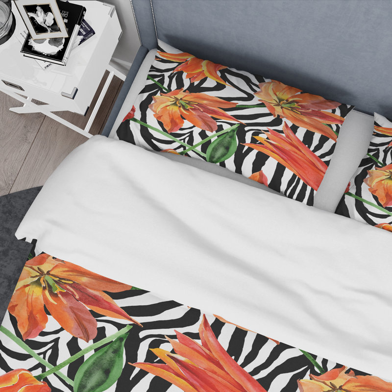 Orange Botanical Flowers - Ensemble de housse de couette floral - Polyester microfibre