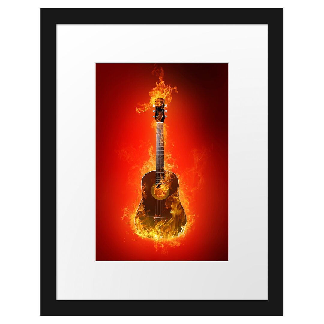 Gerahmtes Poster Brennende Gitarre Heiße Flammen