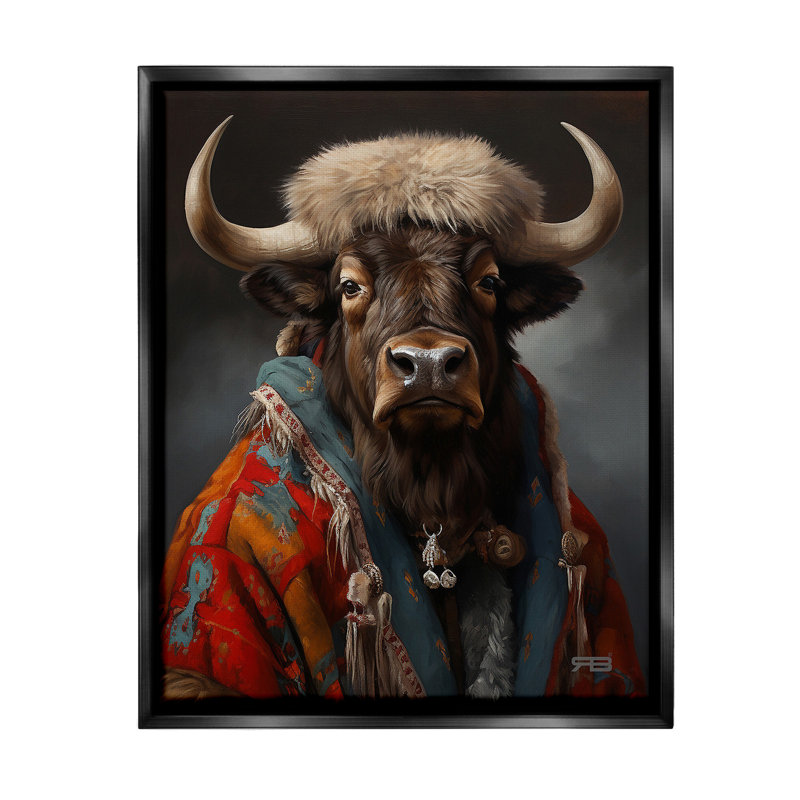 "Bétail avec des vêtements traditionnels" par RB sur toile, Cadre flottant noir de jais, H 21 po x l 17 po