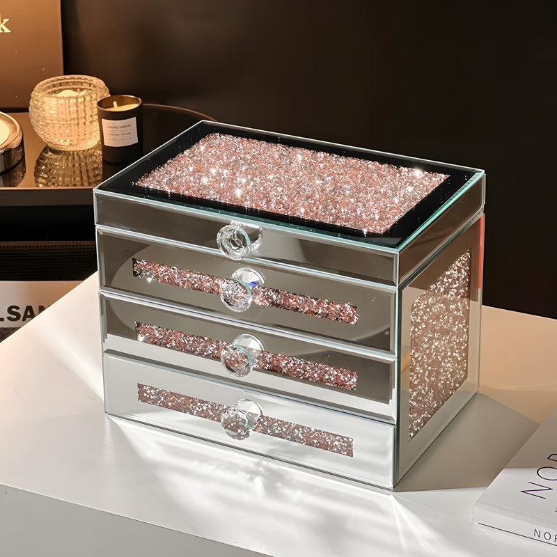 Boîte à bijoux de luxe avec plateau en verre - Organisateur spacieux pour boucles d'oreilles, colliers, bracelets et bagues - Étui de rangement élégant avec doublure en velours de qualité supérieure