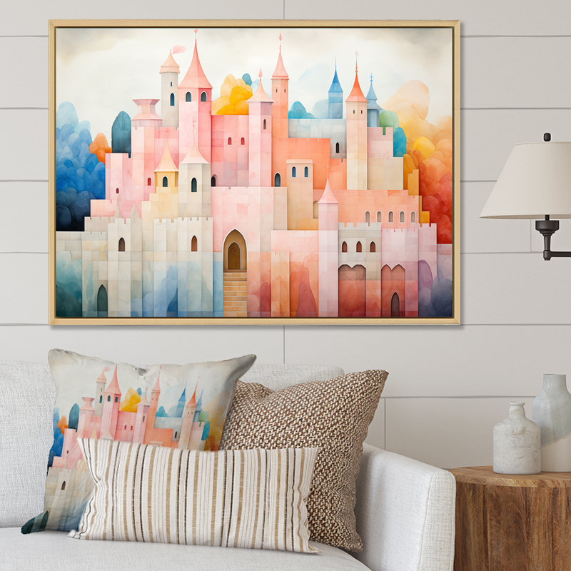 «Bold Pink Pastel Castle - Castle», reproduction sur toile, Cadre flottant blanc, H 16 po x l 32 po x P 1 po