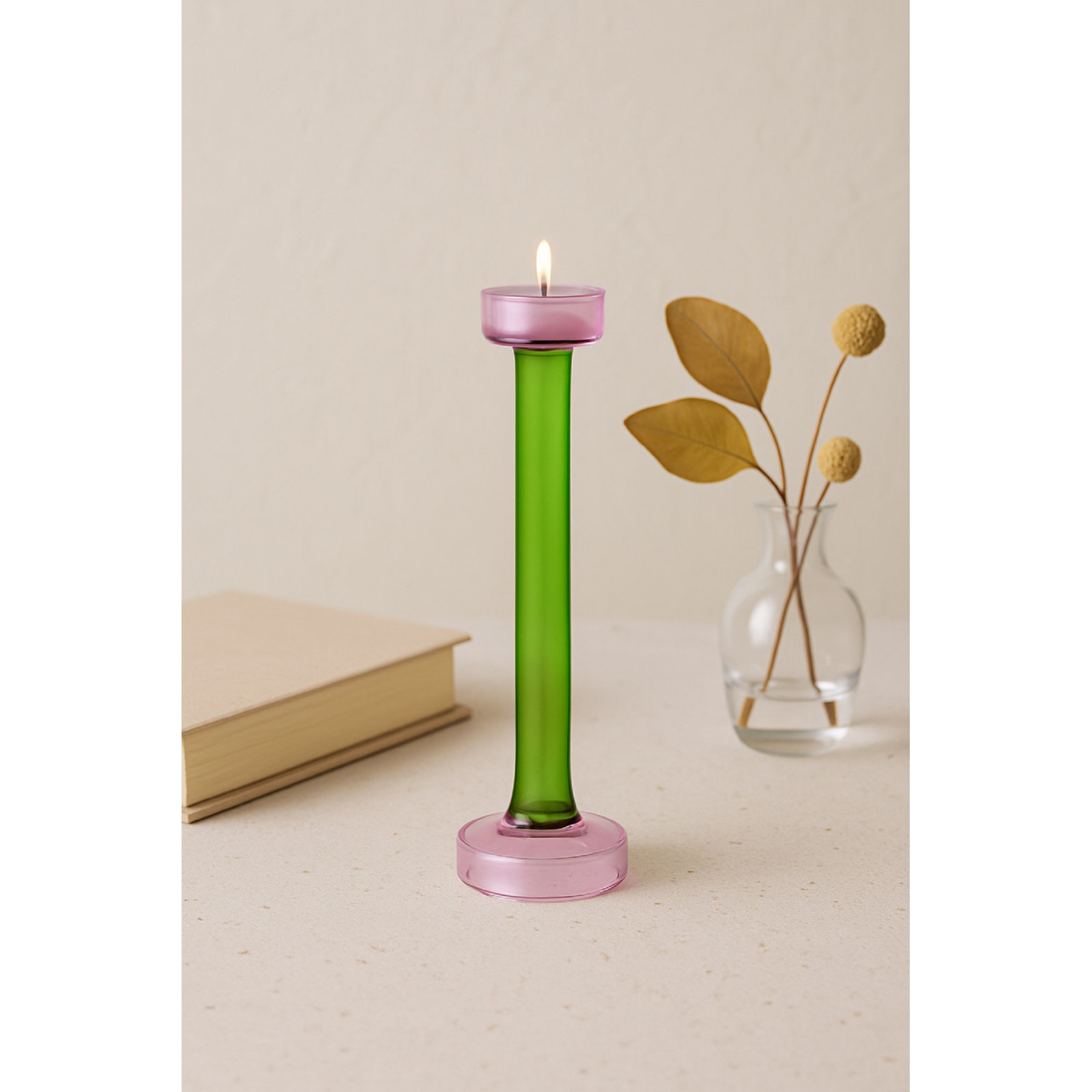 Ahmad Glass Candle Holder Lg, 13.25"H x 3" W x 3" D, Green