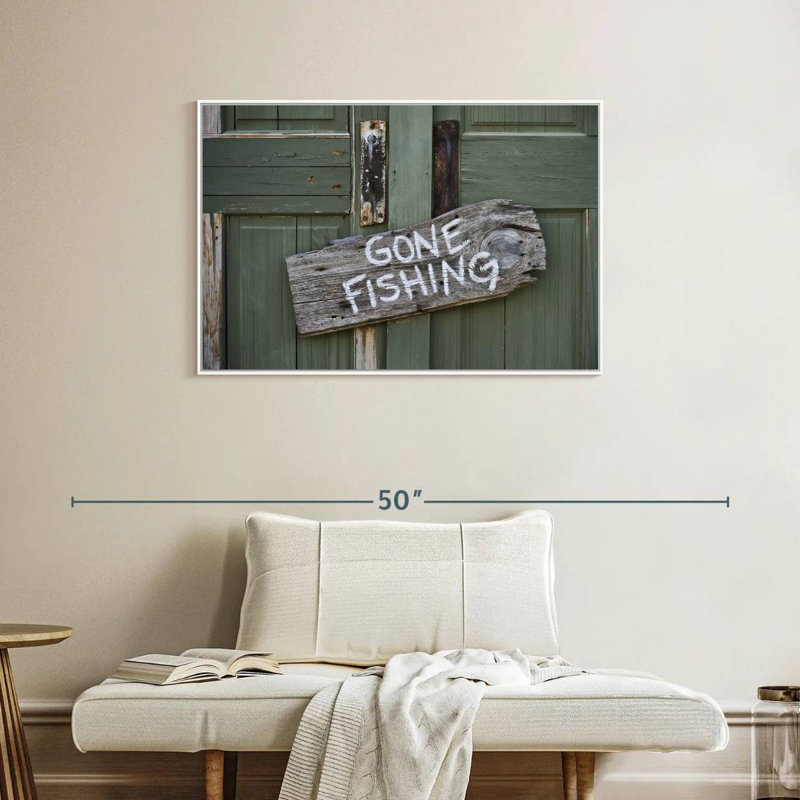 Panneau de pêche rustique, 37 po x 25 po, Cadre flottant blanc