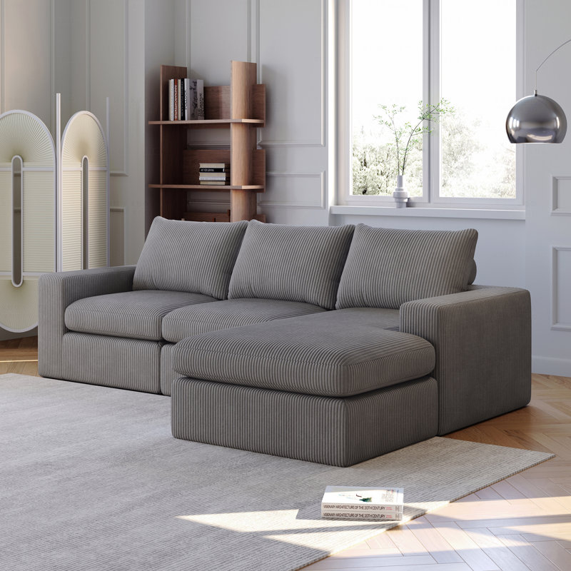Canapé de 99 po sans méridienne avec méridienne, canapé modulaire rembourré en L de style moderne avec trois coussins, canapé rembourré en tissu Velours côtelé