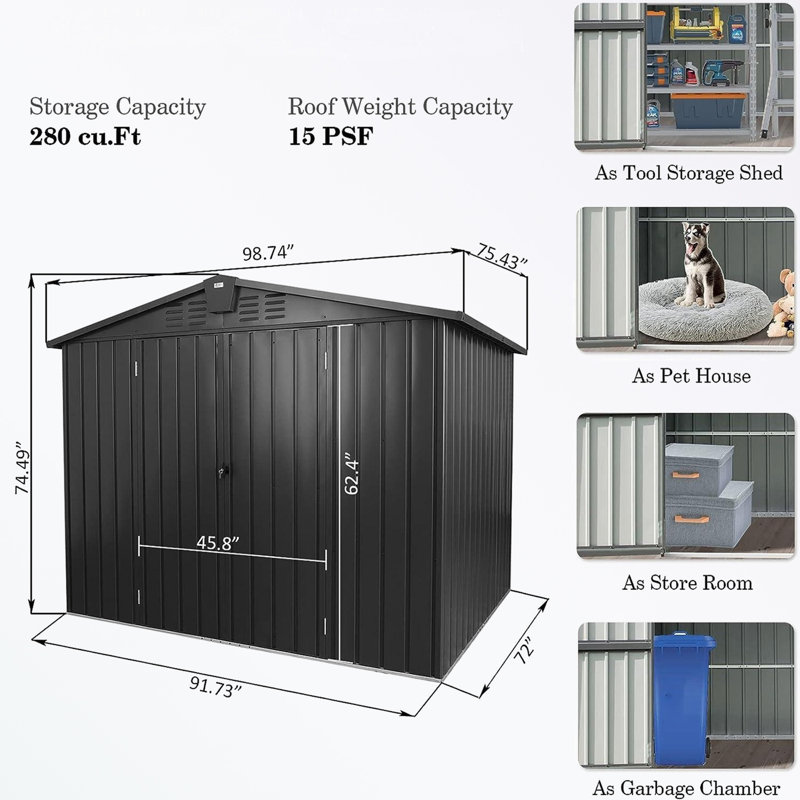 Metal Storage Shed, 74.49" H x 98.74" W x 75.43" D, Black