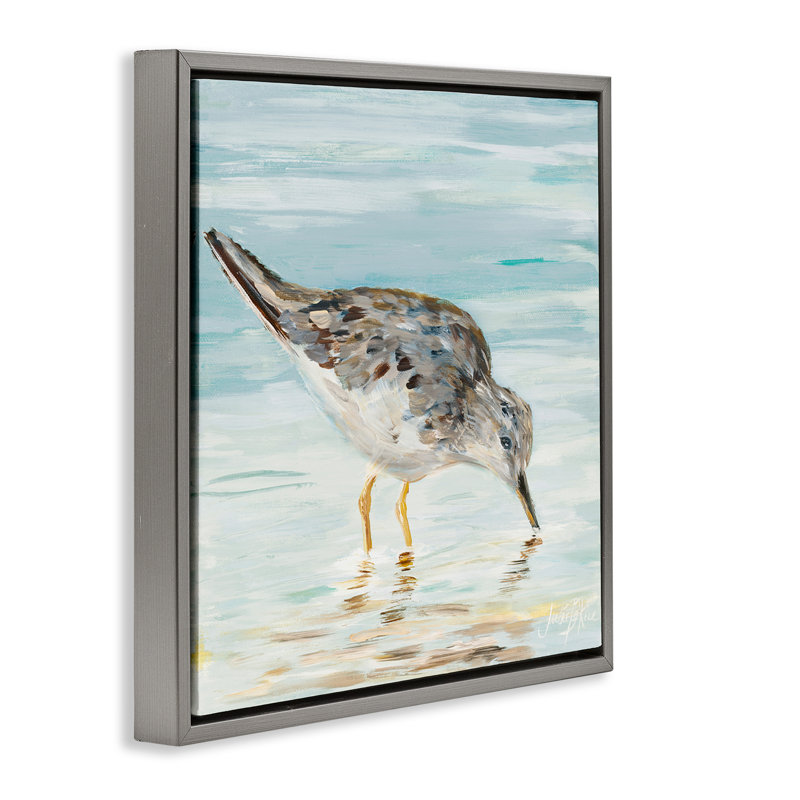 "Gray Beach Sandpiper", art mural sur toile flottante par Julie DeRice, Cadre flottant gris lustré, H 18 po x l 18 po