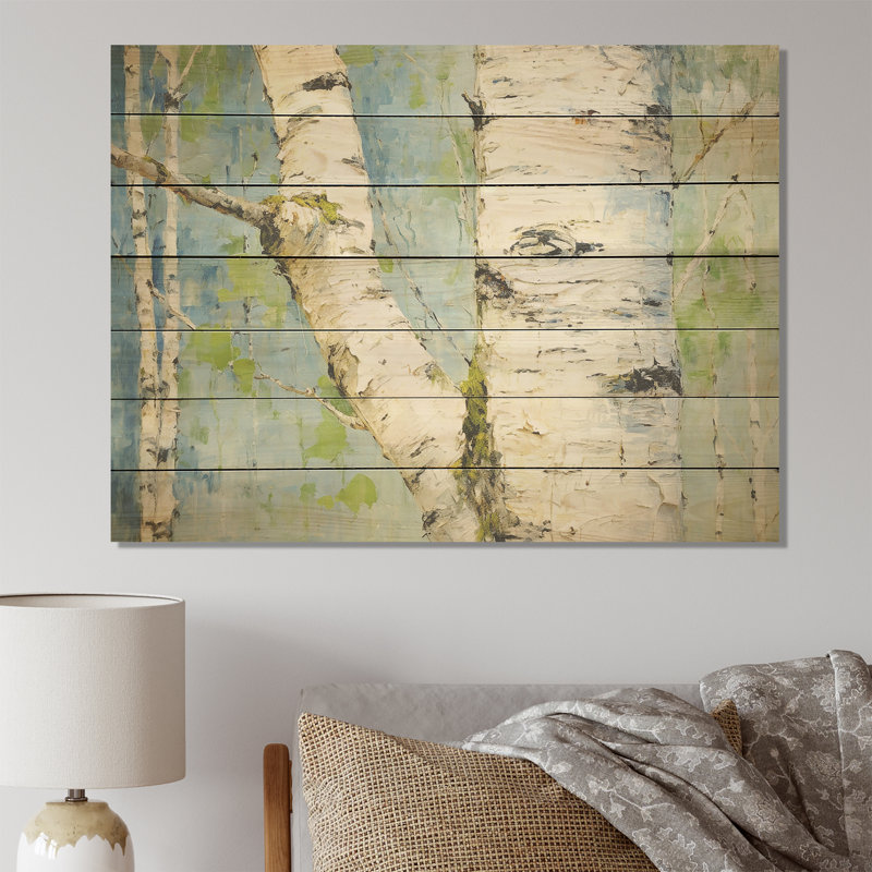 Bouleau blanc et vert minimaliste - impression sur bois, H 34 po x l 44 po