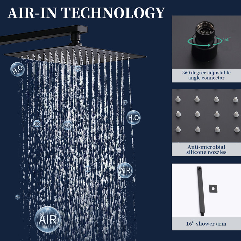 Pomme de douche à pluie murale 10 po avec douche à main et valve brute, Noir mat