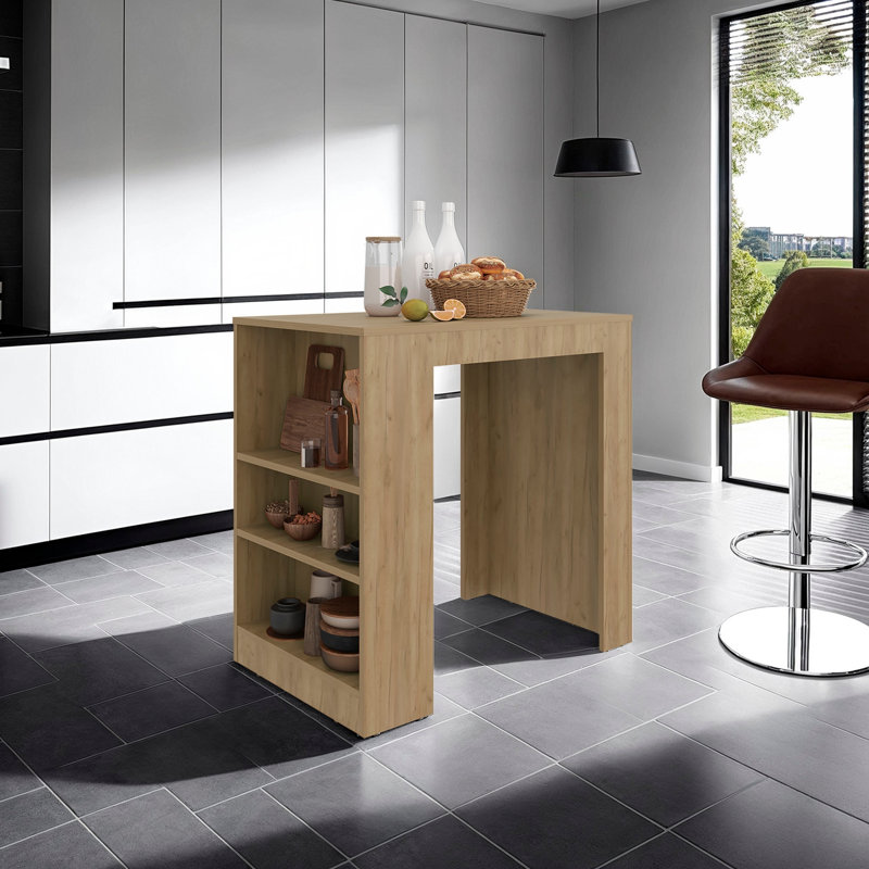 Îlot de cuisine Lacour, table de bar avec 3 tablettes latérales, chêne naturel, Naturel