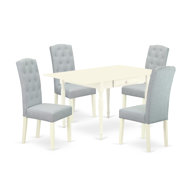 5 Piece Dining Table Set Includes a Rectangle Kitchen Table with Dropleaf and 4 Baby Blue Linen Fabric Upholstered Chairs, Linen White